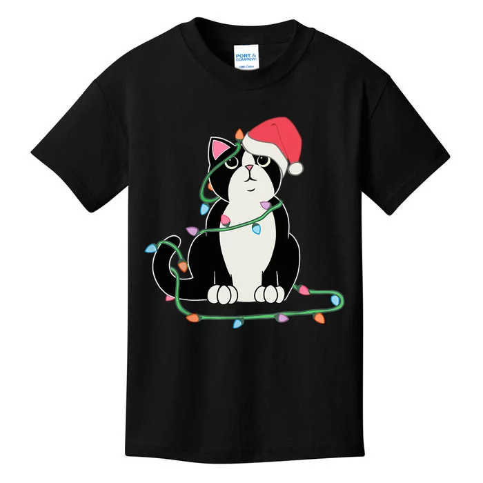 Tuxedo Cat Christmas Lights Funny Cat Lover Xmas Hat Kids T-Shirt