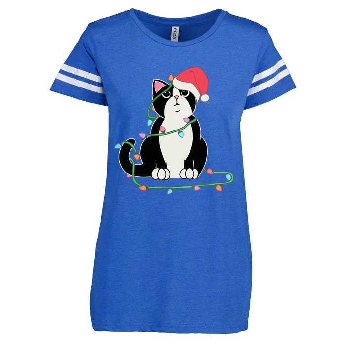 Tuxedo Cat Christmas Lights Funny Cat Lover Xmas Hat Enza Ladies Jersey Football T-Shirt