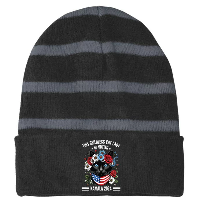 This Childless Cat Lady Ladies Is Voting Kamala 2024 Striped Beanie with Solid Band