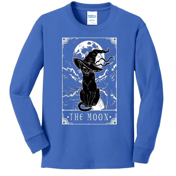 Tarot Card Crescent Moon And Black Cat Witch Hat Halloween Gift Kids Long Sleeve Shirt