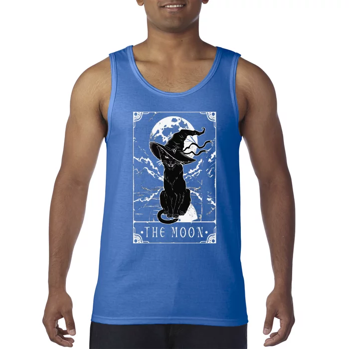 Tarot Card Crescent Moon And Black Cat Witch Hat Halloween Funny Tank Top