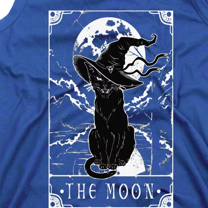 Tarot Card Crescent Moon And Black Cat Witch Hat Halloween Funny Tank Top