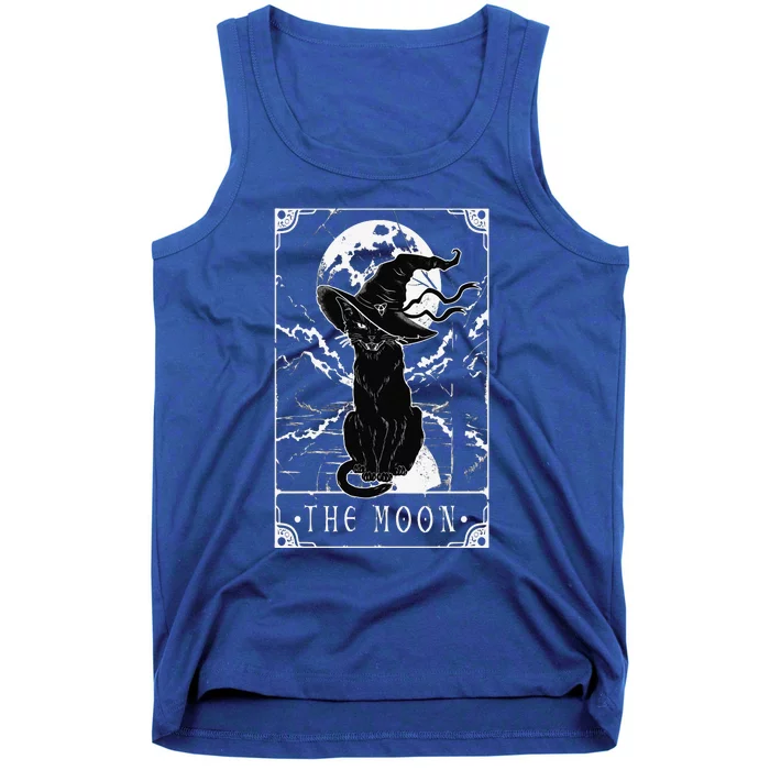 Tarot Card Crescent Moon And Black Cat Witch Hat Halloween Funny Tank Top