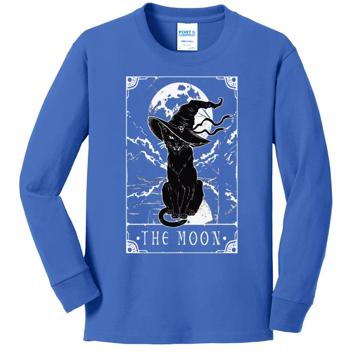 Tarot Card Crescent Moon And Black Cat Witch Hat Halloween Funny Kids Long Sleeve Shirt