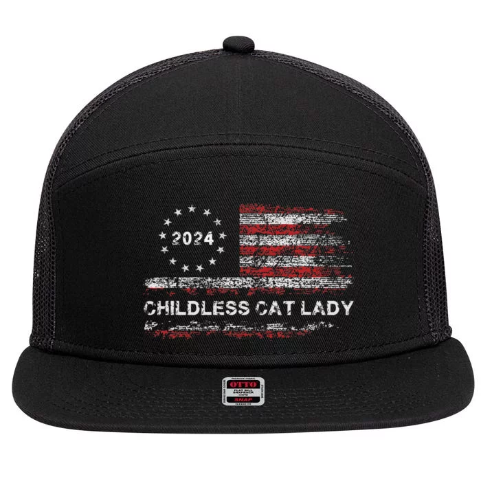 The Childless Cat Lady 2024 For President Us Flag Vintage 7 Panel Mesh Trucker Snapback Hat