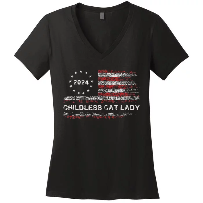 The Childless Cat Lady 2024 For President Us Flag Vintage Women's V-Neck T-Shirt