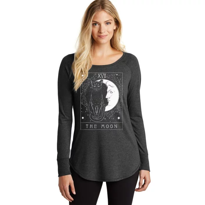 Tarot Card Crescent Moon And Cat Graphic Women's Perfect Tri Tunic Long Sleeve Shirt