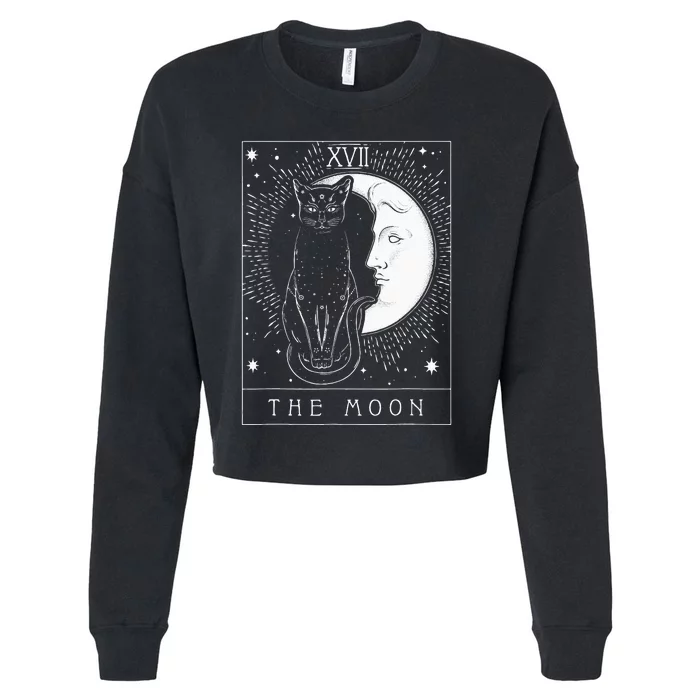 Tarot Card Crescent Moon And Cat Graphic Cropped Pullover Crew