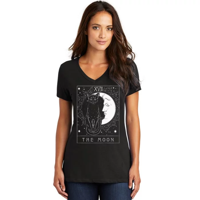 Tarot Card Crescent Moon And Cat Graphic Women's V-Neck T-Shirt