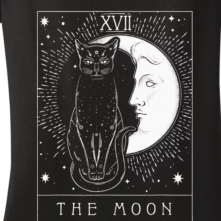 Tarot Card Crescent Moon And Cat Graphic Women's V-Neck T-Shirt