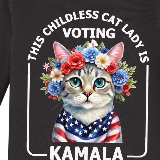 This Childless Cat Lady Ladies Is Voting Kamala Election 24 Baby Long Sleeve Bodysuit