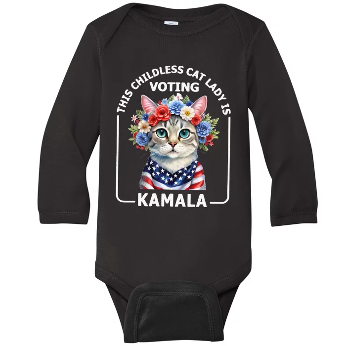 This Childless Cat Lady Ladies Is Voting Kamala Election 24 Baby Long Sleeve Bodysuit