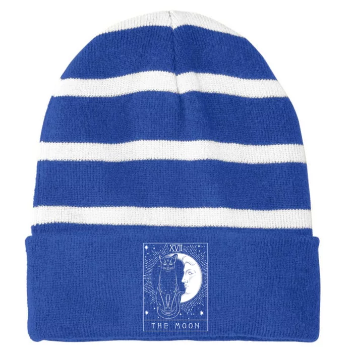 Tarot Card Crescent Moon And Cat Graphic Meaningful Gift Striped Beanie with Solid Band