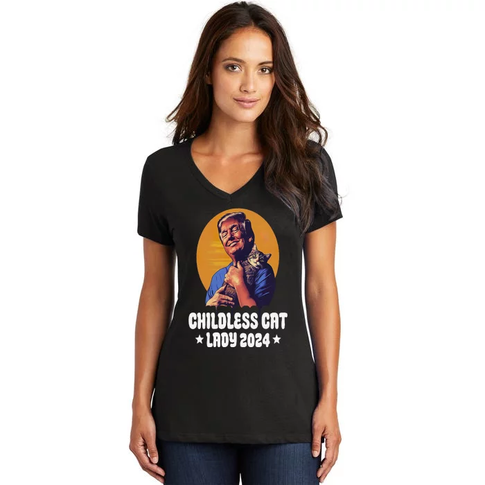 Trump Childless Cat Lady 2024 Election Usa Funny Women's V-Neck T-Shirt