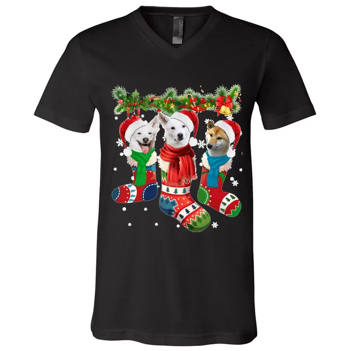 Three Canaan Dogs In Christmas Socks V-Neck T-Shirt