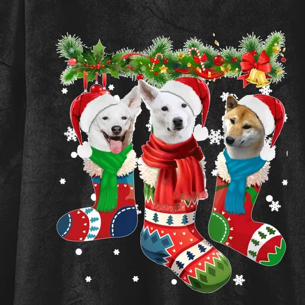 Three Canaan Dogs In Christmas Socks Hooded Wearable Blanket