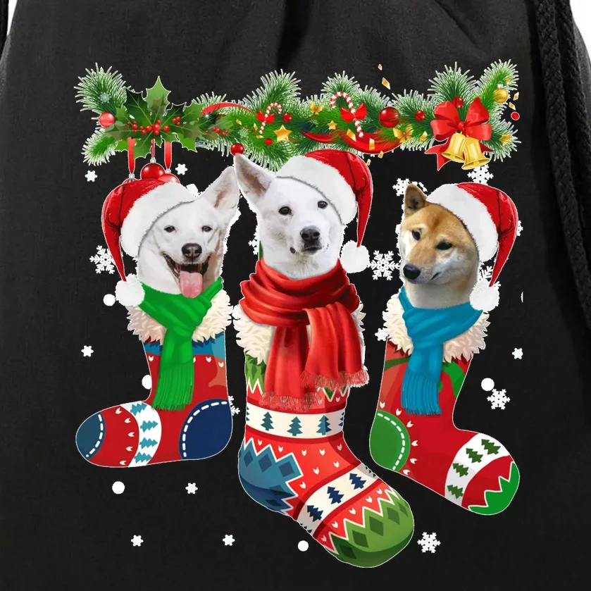 Three Canaan Dogs In Christmas Socks Drawstring Bag