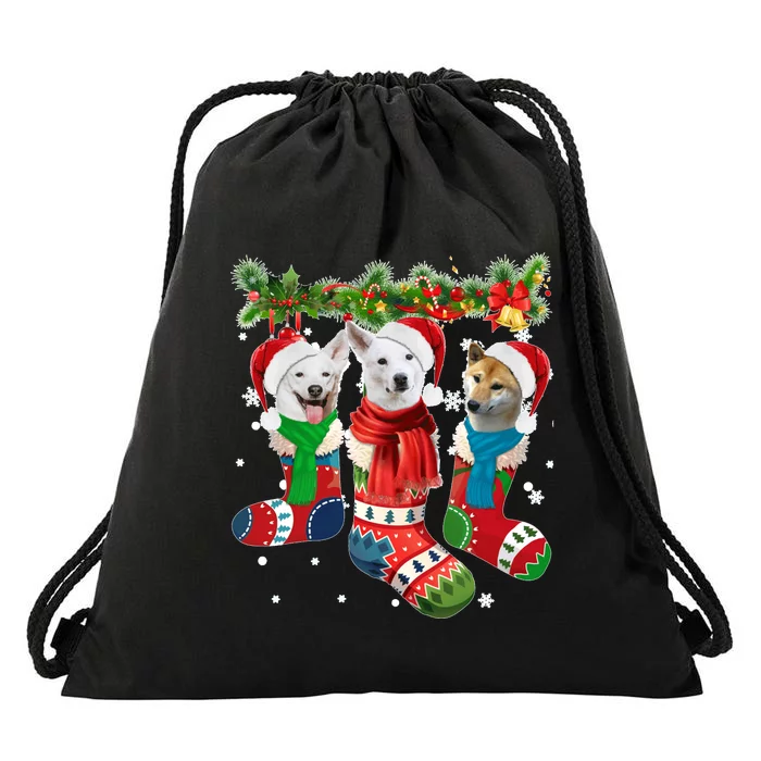 Three Canaan Dogs In Christmas Socks Drawstring Bag