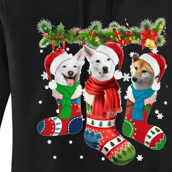 Three Canaan Dogs In Christmas Socks Women's Pullover Hoodie