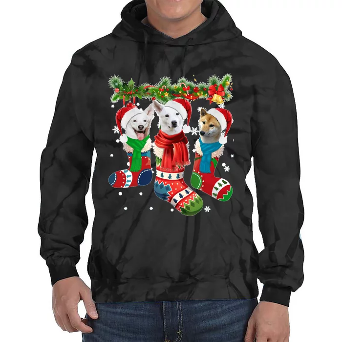 Three Canaan Dogs In Christmas Socks Tie Dye Hoodie