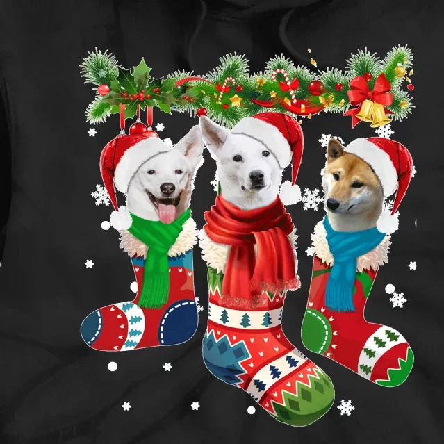 Three Canaan Dogs In Christmas Socks Tie Dye Hoodie