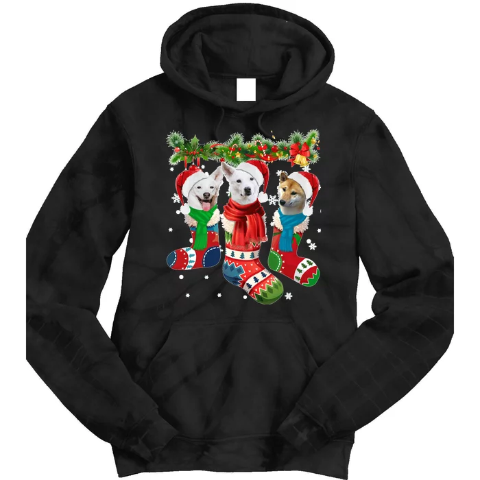 Three Canaan Dogs In Christmas Socks Tie Dye Hoodie