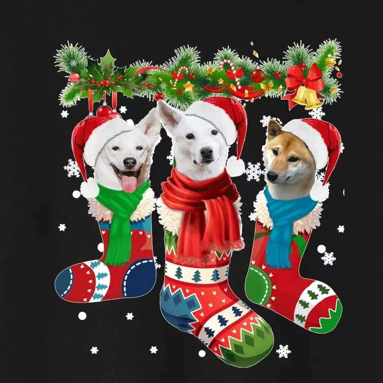 Three Canaan Dogs In Christmas Socks Women's Crop Top Tee