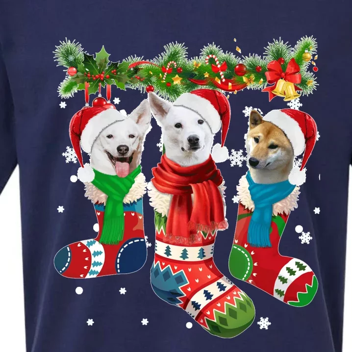 Three Canaan Dogs In Christmas Socks Sueded Cloud Jersey T-Shirt