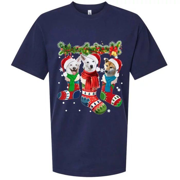 Three Canaan Dogs In Christmas Socks Sueded Cloud Jersey T-Shirt