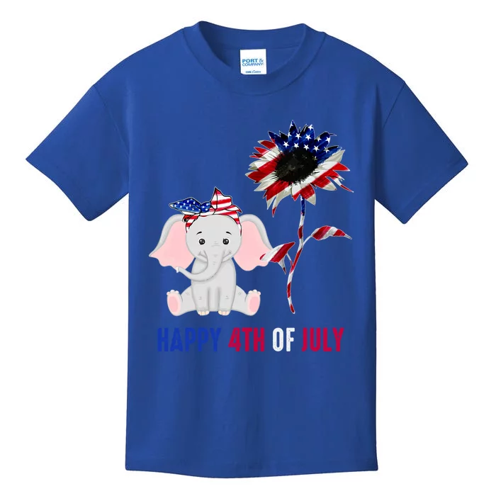 Tu Cute Elephant Sunflower America Flag 4th Of July Cute Gift Kids T-Shirt