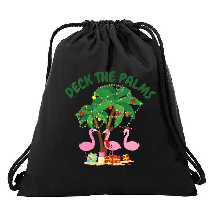 Tropical Christmas Florida Flamingo Deck The Palms Drawstring Bag