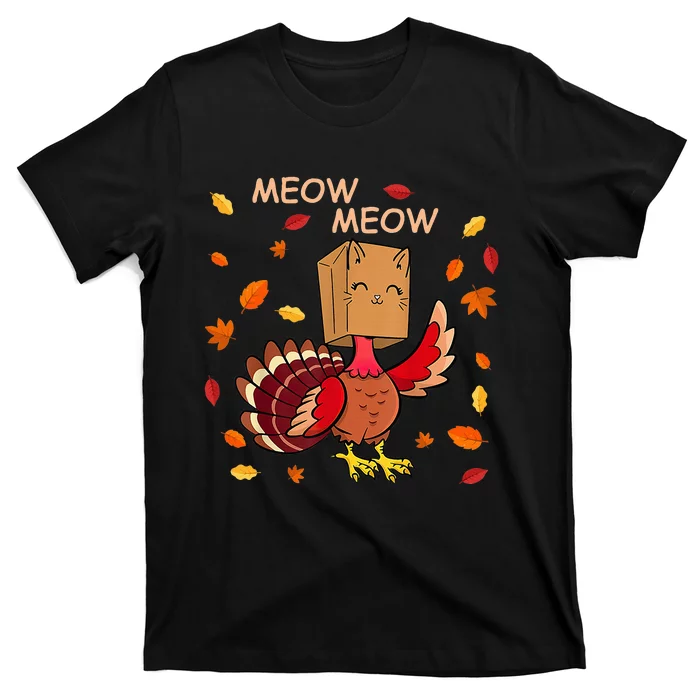 Thanksgiving Cat Fake Cat Meow Funny Thanksgiving Turkey T-Shirt