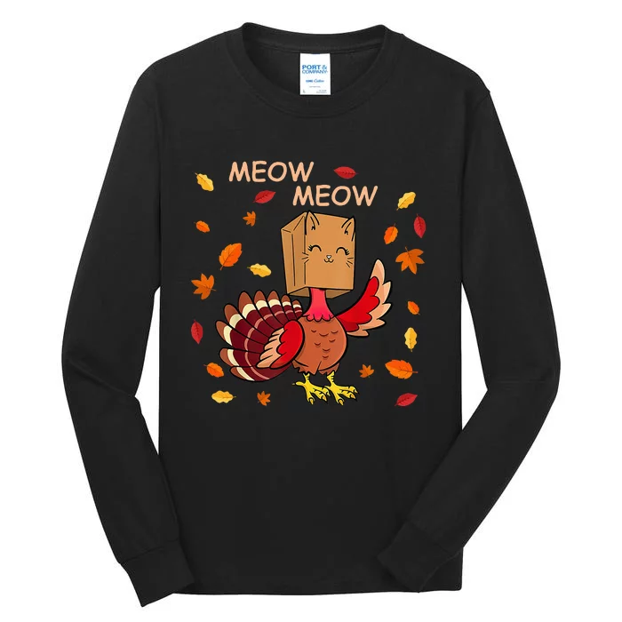 Thanksgiving Cat Fake Cat Meow Funny Thanksgiving Turkey Tall Long Sleeve T-Shirt