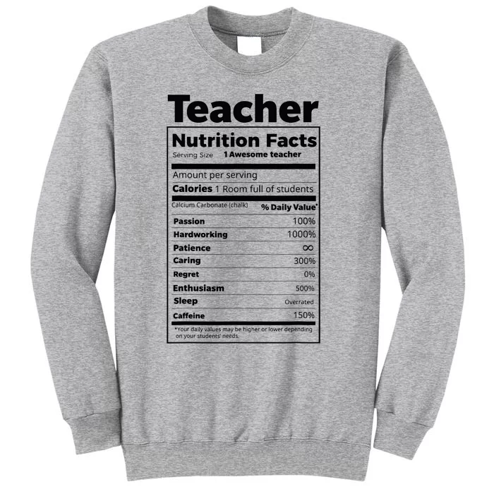 Thanksgiving Christmas Funny Teacher Nutrition Facts Labels Tall Sweatshirt