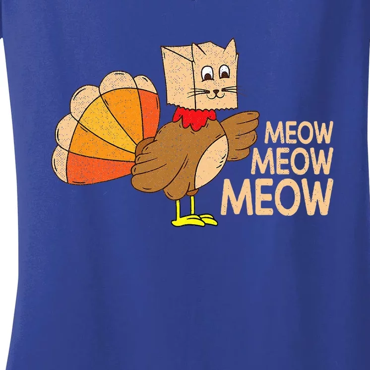 Thanksgiving Cat Funny Fake Cat Meow Thanksgiving Turkey Women's V-Neck T-Shirt