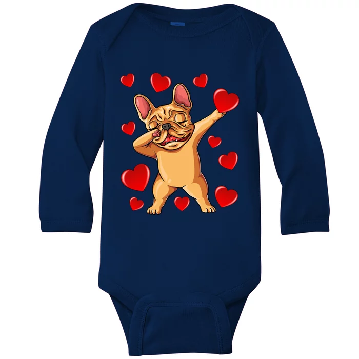 The Cream French Bulldog Dabbing Heart Valentines Day Gift Baby Long Sleeve Bodysuit