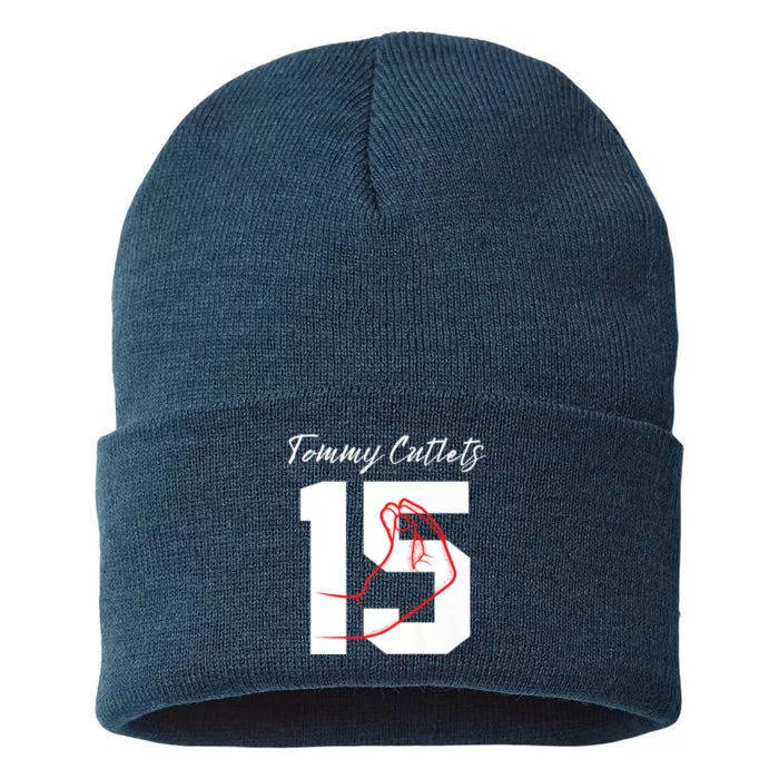 Tommy Cutlets Football Quarterback Ny Italian Hand Gesture Premium Sustainable Knit Beanie