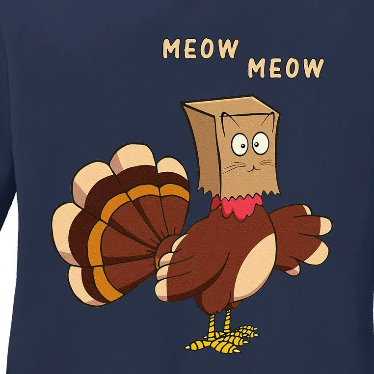 Thanksgiving Cat Funny Fake Cat Meow Thanksgiving Turkey Ladies Long Sleeve Shirt