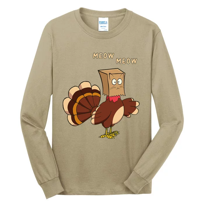 Thanksgiving Cat Funny Fake Cat Meow Thanksgiving Turkey Tall Long Sleeve T-Shirt