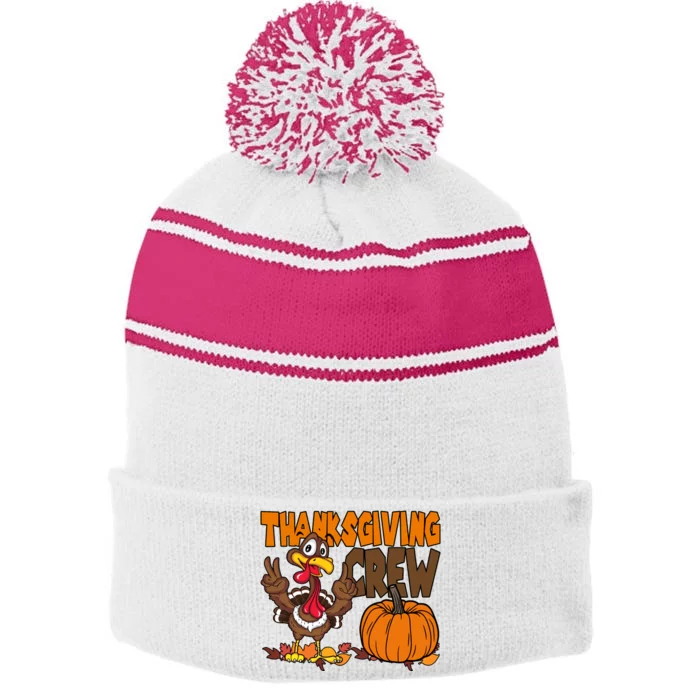 Thanksgiving Crew Funny Turkey Fall Stripe Pom Pom Beanie