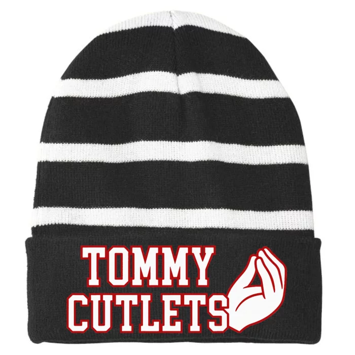 Tommy Cutlets Football Quarterback NY Italian Hand Gesture Striped Beanie with Solid Band