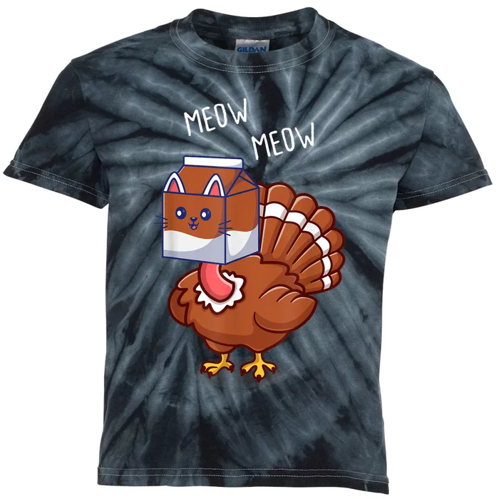 Thanksgiving Cat Funny Fake Cat Meow Thanksgiving Turkey Kids Tie-Dye T-Shirt