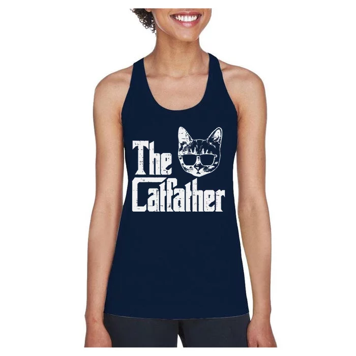 The Catfather Funny Cat Dad Fathers Day Movie Pun Papa Women's Racerback Tank