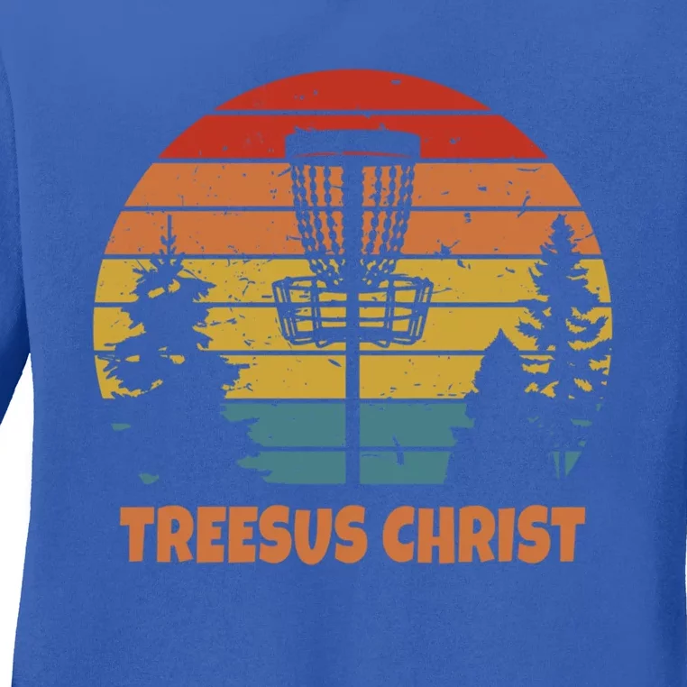 Treesus Christ Funny Disc Golf Course Frisbee Gift Ladies Long Sleeve Shirt