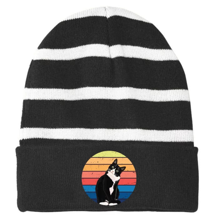 Tuxedo Cat Gift Retro Colors For Animal Lovers Striped Beanie with Solid Band