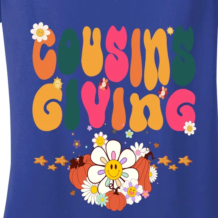 Thanksgiving Cousins Giving Cute Groovy Pumpkin Flowers Gift Women's V-Neck T-Shirt