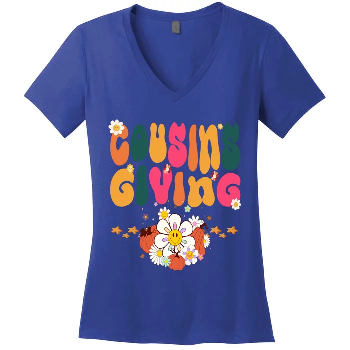 Thanksgiving Cousins Giving Cute Groovy Pumpkin Flowers Gift Women's V-Neck T-Shirt