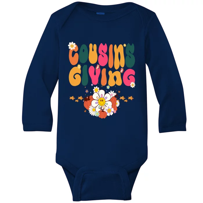 Thanksgiving Cousins Giving Cute Groovy Pumpkin Flowers Gift Baby Long Sleeve Bodysuit