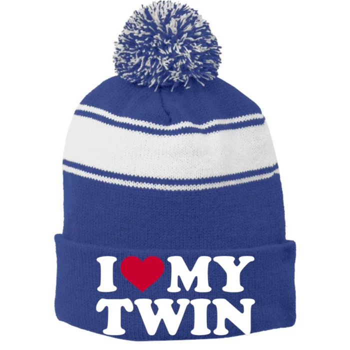 Twin Cool Gift I Love My Twin Cool Gift Blue Small Stripe Pom Pom Beanie