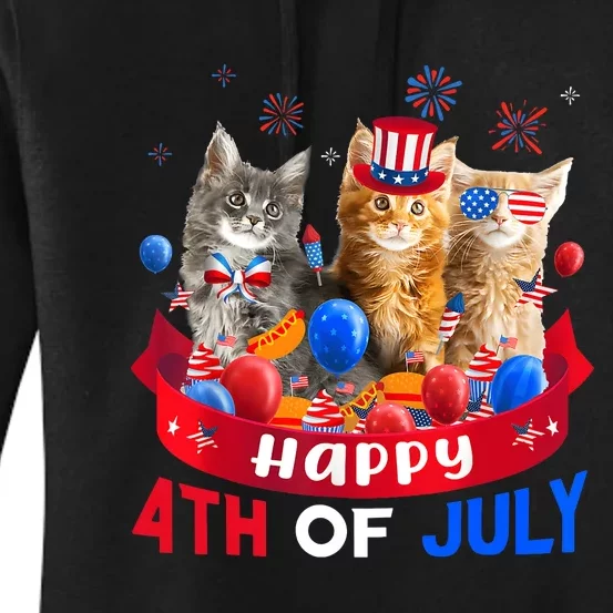 Three Cat Happy 4th Of July Balloon Lover Independence Day Women's Pullover Hoodie